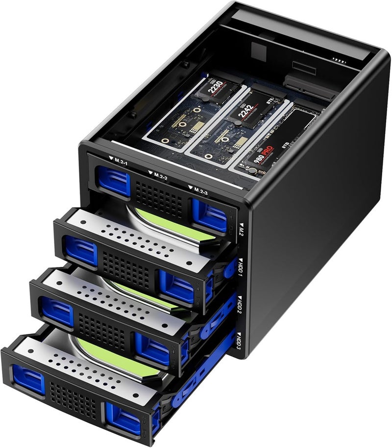 cenmate Hybrid 3*2.5/3.5" SATA HDD/SSD+3* M / B+M Key M.2 NVMe Enclosure with Cooling Fan and USB A/C 3.2 Gen 2, Hard Drive Enclosure Support 90TB(3*22TB HDD+3*8TB 2230/2242/2260/2280/22110 SSDs) - Image 1